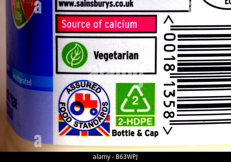Information on Sainsbury`s full fat milk carton, UK Stock Photo